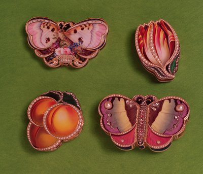 Four enamelled and jewelled boxes, butterfly, tulip and peach-shaped, mid-18th century by French School